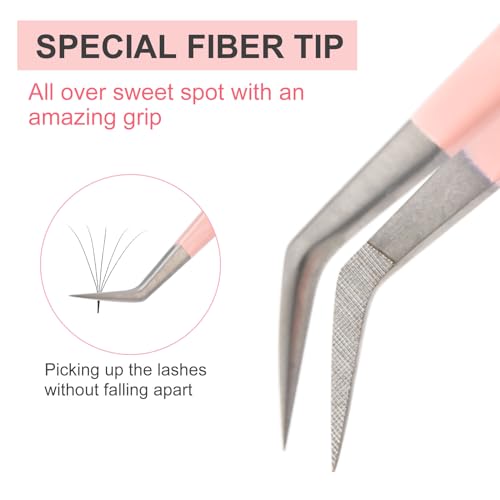 Fiber Tips 45 Degree Versatile Tweezers for Eyelash Extensions Volume Lashes or Isolation Diamond Grip High Precision Stainless Steel Pink (C-10)