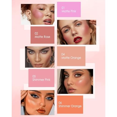 Blush Powder for Cheeks,Gradual Shimmer Pink Blusher Palette with Brush,Lightweight Buildable Color Blush Hightlighter Powder,Longlasting Waterproof Facial Makeup,Women's Day Gift for Women Girl-05#