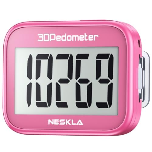 NESKLA 3D Pedometer for Walking, Simple Step Counter for Walking with Large Digital Display, Step Tracker with Removable Clip Lanyard, Accurately Track Steps for Men Women Kids Adults Seniors, Pink