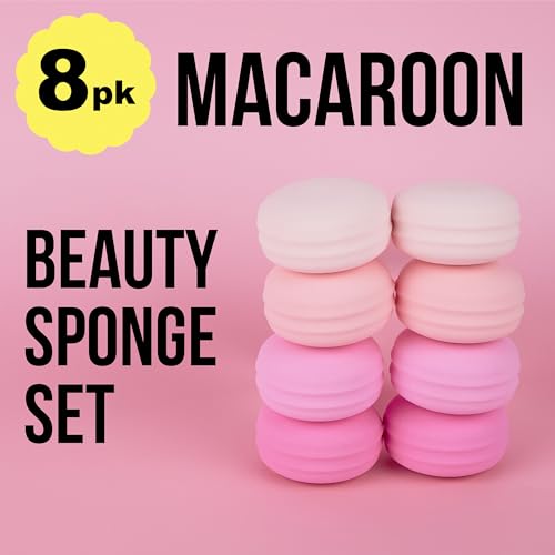 Macaroon Beauty Sponge Set - 8pc Makeup Applicators For Blending & Mattifying - Pink Macaron Beauty Blender Makeup Sponge Collection