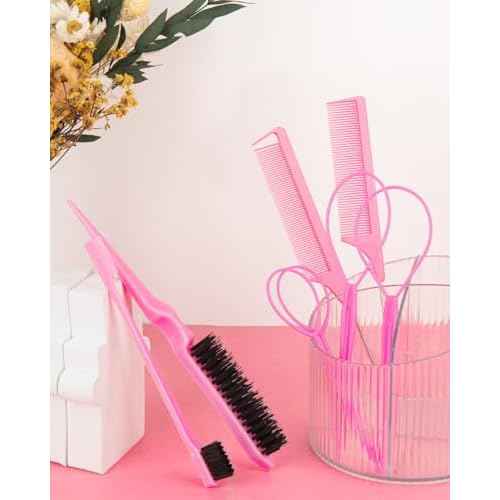 Aigee 8Pcs Hair Styling Combs Set Include 4Pcs Topsy Hair Tail Tools 2 Styles of Rat Tail Comb,1Pcs Bristle Teasing Slick Back hair Brush,1Pcs Edge Control Brush,Eyebrow Brush for Woman Girl Pink