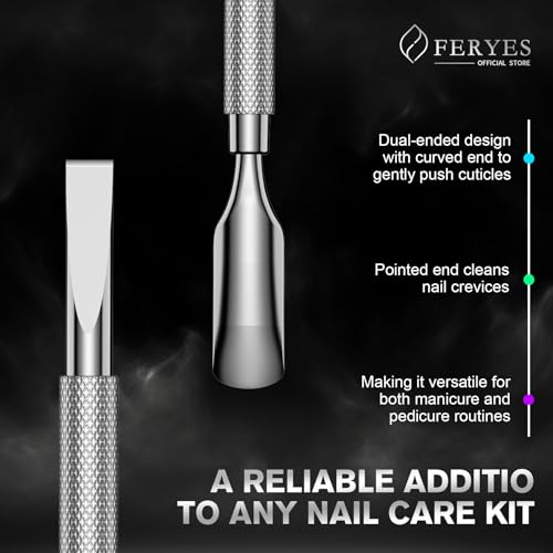FERYES Stainless Steel Cuticle Pusher & Remover Tool - 5.2" Dual-Sided