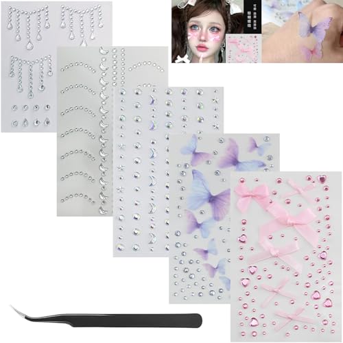 5D Face Gem Stickers - 5 Sheets Self-Adhesive Rhinestones