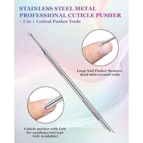 Loop Cuticle Pusher, Pre-treatment Cuticle Pusher, Stainless Steel Round Cuticle Pusher with 100#/240# Grit Nail Files and 1p Storage Bags, For Salon & Home Use