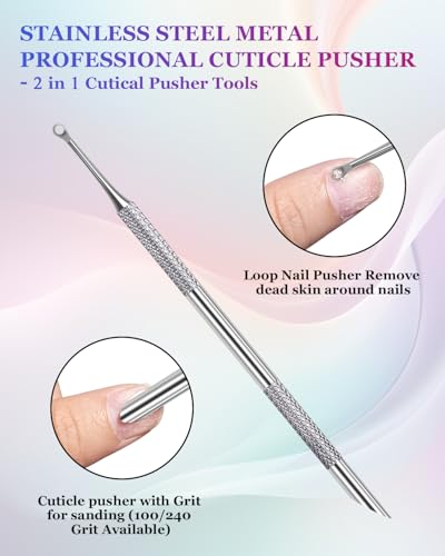 Stainless Steel Dual-Ended Cuticle Pusher Tool with Grit Nail Files & Bag