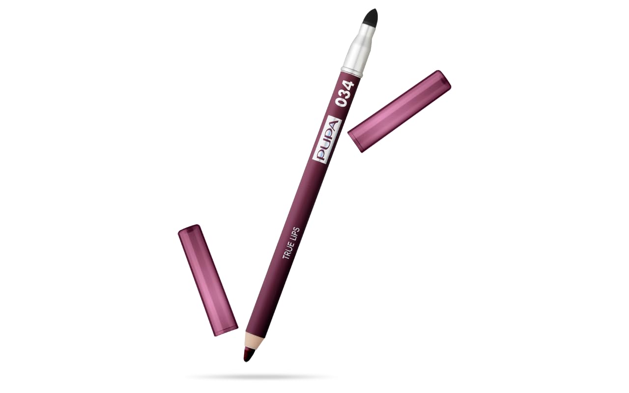 Pupa Milano True Lips Blendable Lip Liner - Dual-Ended Matte Lining Color and Brush - Light and Creamy, Hydrating, High Pigment, Smudge Proof Formula - Paraben Free - 034 Plum - 0.042 oz