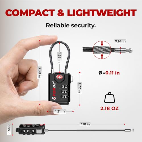 Forge TSA Approved Luggage Locks 2 Pack - Black, 3-Digit Cable Locks