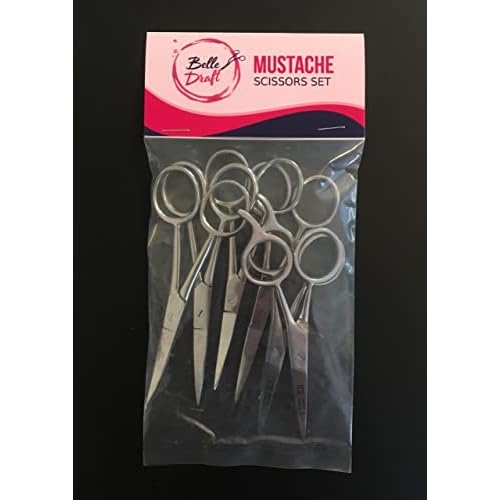 Mustache Scissors 6 Piece Set - 2 Straight (4.7 inches each), 2 Curved (4.5 inches each) and 2 Straight with Finger Rest (4.2 inches each)