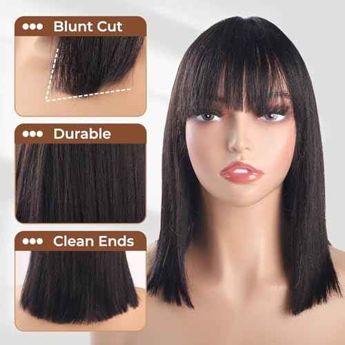 3x1 HD Lace Closure Bob Wig with Bangs Human Hair for Black Women, Realistic Scalp, 100% Raw Human Hair Bob Wig, 180% Density, Glueless Short Bob Wig Human Hair, Natural Black
