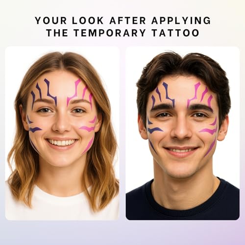 Purple Temporary Tattoo Stickers ? 4 PCS Purple Tattoos and 4PCS UV Fluorescent (Under Altraviolet Lamps) Temporary Tattoos Realistic Waterproof Body Art for Cosplay, Halloween, and Party Makeup
