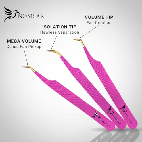 Professional Eyelash Extension Tweezers Set ? Fiber Tip & Diamond Grip Stainless Steel Lash Tweezers for Volume & Isolation | Anti-Static Precision Tool for Lash Artists (Pink)