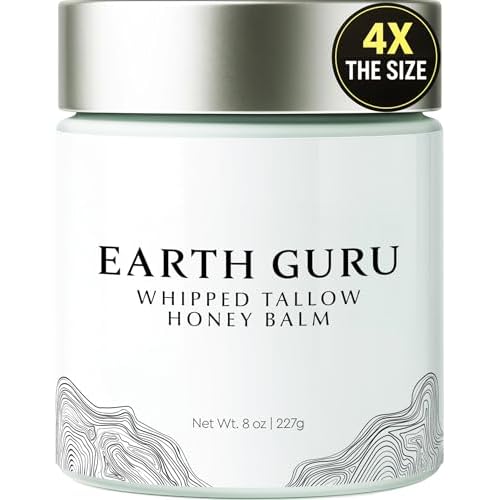 Earth Guru XL 8 OZ Whipped Beef Tallow for Skin,100% Natural Beef Tallow and Honey Balm, Face Moisturizer & Body Lotion Cream, Grass-Fed & Finished, Sebo De Res Para La Cara, Organic Olive Oil, Manuka