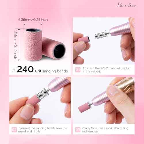 MelodySusie 300 Pcs Sanding Bands with Mandrel,120 Medium, 180 Fine, 240 Extreme Fine Grit, E-File Sand Piece Nail Drill Bits Set for Acrylic, Gel Removal, Manicures and Pedicures