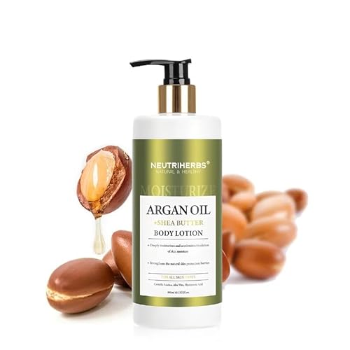 Neutriherbs Body Lotion for Women and Men, Argan Oil + Shea Butter Body Cream, Deep Moisture and Soothin Skin, Plump Bottle - 13.52 Fl Oz