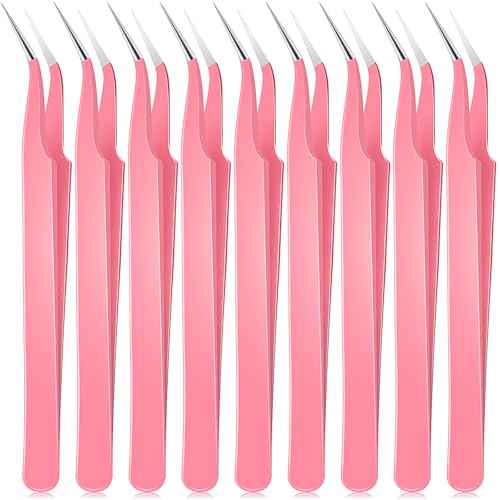 Honoson 9 Pieces Curved Pointed Craft Tweezers Stainless Steel Precision Tweezer with Protective Cover for Rhinestones Dried Flowers Craft Stickers Eyelash Extension Jewelry Making(Pink)