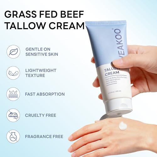 Veakoo Beef Tallow for Skin, Whipped Beef Tallow Cream, Unscented Face Moisturizer in Tube, Organic Grass Fed Tallow and Honey Balm for Nourishing Dry, Oily, Combination, and Normal Skin