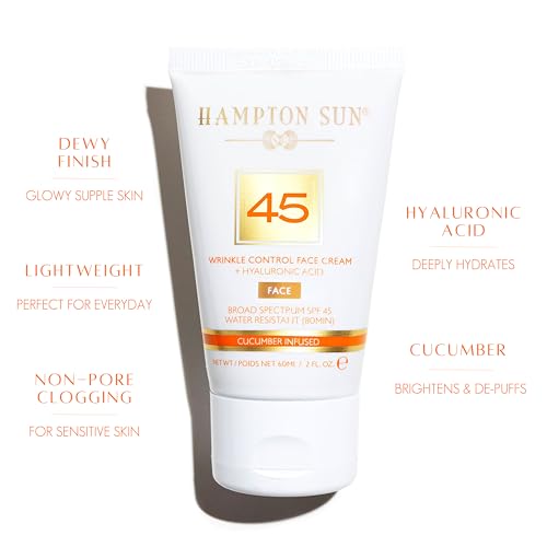 Hampton Sun SPF 45 Wrinkle Control Face Cream | Daily Moisturizer + Sunscreen | Plumps, Hydrates, Brightens with Hyaluronic Acid + Organic Cucumber Extract | Broad Spectrum | Glowy, Dewy Finish