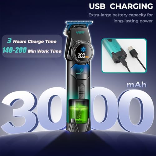 VGR 946 Hair Trimmer for Men, Professional Beard Trimmer for Men with Blue Ceramic Blade & Cooling Button, 8000RPM BLDC Motor Barber Clippers, Cordless Mens Hair Clippers with LED Display