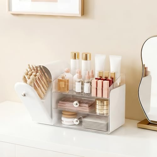 Lurcns Makeup Organizer with Dustproof Brush Holder & 2 Drawers
