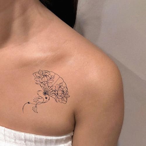 2 Sheets Long Lasting Peony Fan Temporary Fake Tattoos For Women Arm Hand Neck,Plant Stamps Semi Permanent Tattoo For Girl,Realistic, Waterproof and Non-Reflective