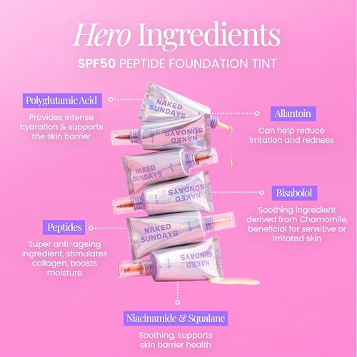 Naked Sundays BeautyScreen Peptide Foundation Tint - SPF 50 Tinted Sunscreen & Skincare Makeup with Zinc Oxide, Niacinamide - Lightweight Natural Coverage, 2.5 Light Neutral, 1.01 oz