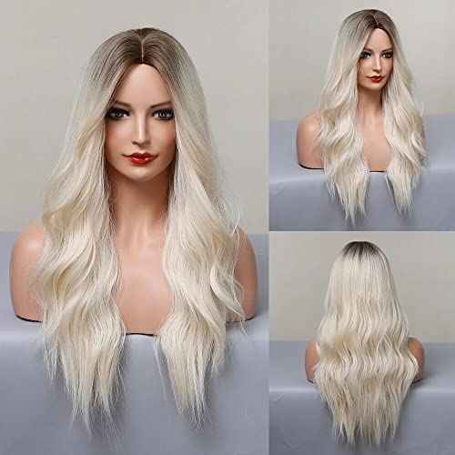 Long Blonde Wigs for Women 26 Inches Ombre Blonde Wig with Dark Roots Synthetic Wig Loose Wavy Wigs Cosplay Daily