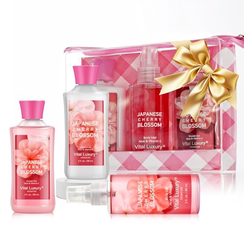 Bath and Body Gift Set ? Japanese Cherry Blossom, Travel-Size Spa Kit with Gel, Lotion, Mist & Natural Extracts, Ideal for Birthday, Mother's Day & Christmas Gifts