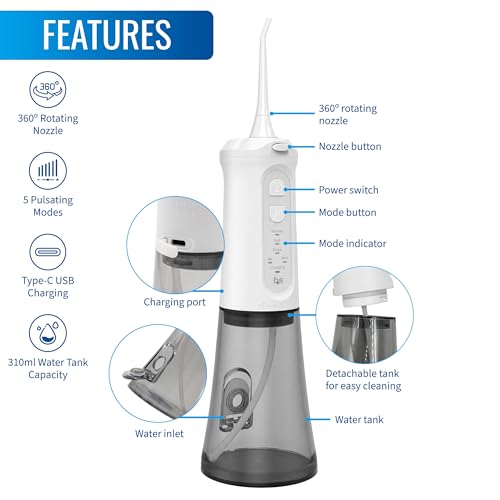 HealthSmart Cordless Water Flosser for Teeth & Braces - 5 Modes, 360° Nozzle, 310ml Tank, Rechargeable, Waterproof, Includes 4 Tips