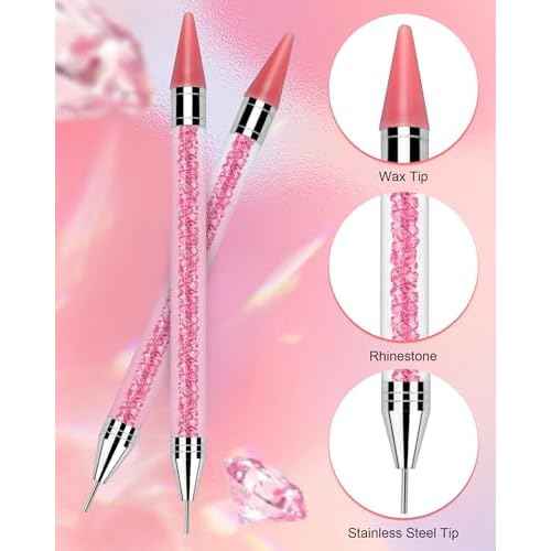 Rolybag Rhinestone Picker Tool, 2PCS Rhinestone Applicator Tool Dotting Wax Pen Dual-Ended with 4PCS Replaceable Wax Tips for DIY Nail Art Tool (Pink)
