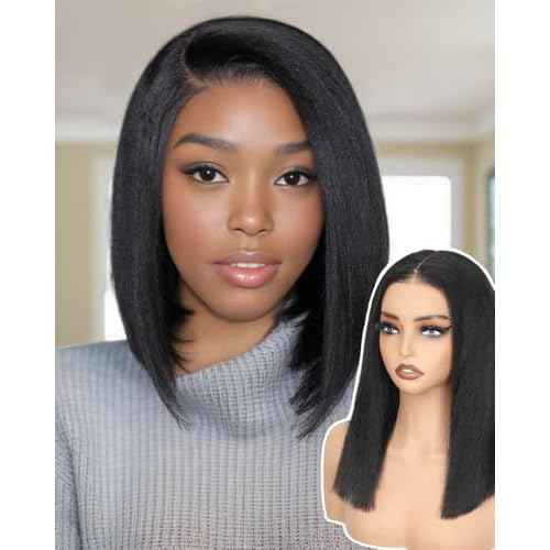 Bob Wig Human Hair Glueless Wigs Human Hair Pre Plucked Pre Cut Yaki Straight Human Hair Wig 180% Density 9x6 HD Lace Front Wigs for Black Women 14Inch