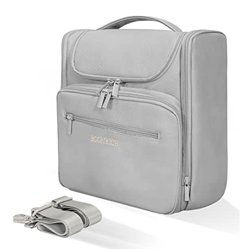 BOOMRICH Large Toiletry Bag for Women and Men, Hanging Leather Travel Makeup Bag with 360¡Æ Hook, Travel Organizer for Full Sized Container, Toiletries, Brushes, Blue Grey