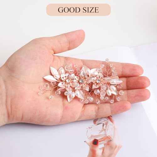 Wedding Hair Clips, Floral Rhinestone Pearl Hair Accessories for Bridal Women, Set of 3 (Rose Gold)