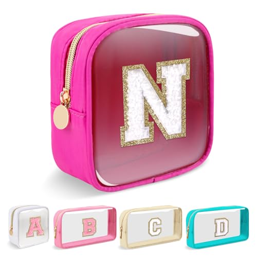 Mini Hot Pink Personalized Initial Makeup Bag - Clear Nylon Travel Cosmetic Pouch for Women & Girls