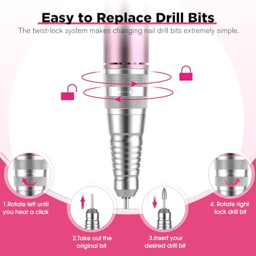 Electric Nail Drill Kit 40000RPM Efile Nail Drill Professional with 12 Drill Bits & 66 Sanding Bands Cordless & Rechargeable Nail Drills for Nails Acrylic Gel Polishing Removing Home/Salon Use-Pink