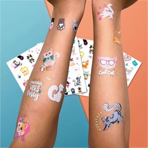 PapaKit Kitty Cats Temporary Fake Tattoo Set, 4 Sheets 64 Styles with Metallic Iridescent Foil | Party Favors, Birthday Goodie Bag Fillers, School Rewards
