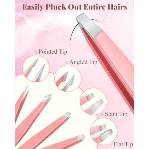 Ingrown Hair Tweezers and Pimple Popper Tool Kit, Pink Blackhead Remover Tools, Pimple Extractor Pore Extractor Eyebrow Razor, Scissor in Leather Travel Case