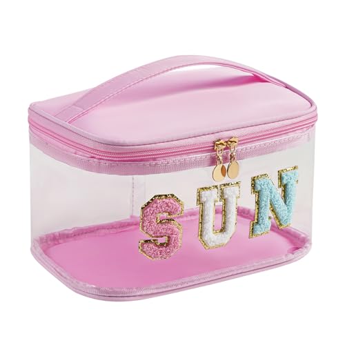 Clear Waterproof Makeup Bag with Letter Patches - Sunscreen Travel Pouch
