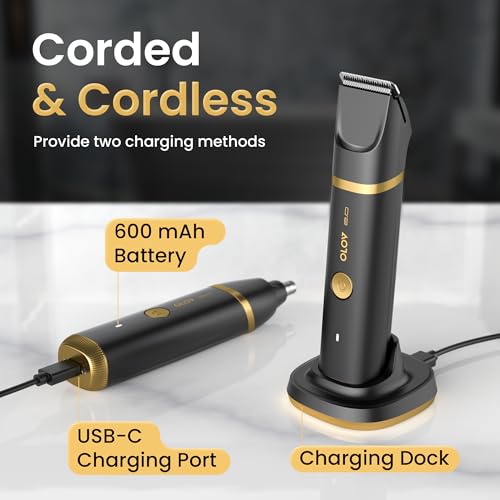 Groin & Body Hair Trimmer for Men - Electric Shaver for Pubic Hair, Chest, Legs - Ball Pubic Groomer, LED Light, Replaceable Ceramic Blade Heads, USB-C Recharge Dock, Waterproof Hygiene Razor