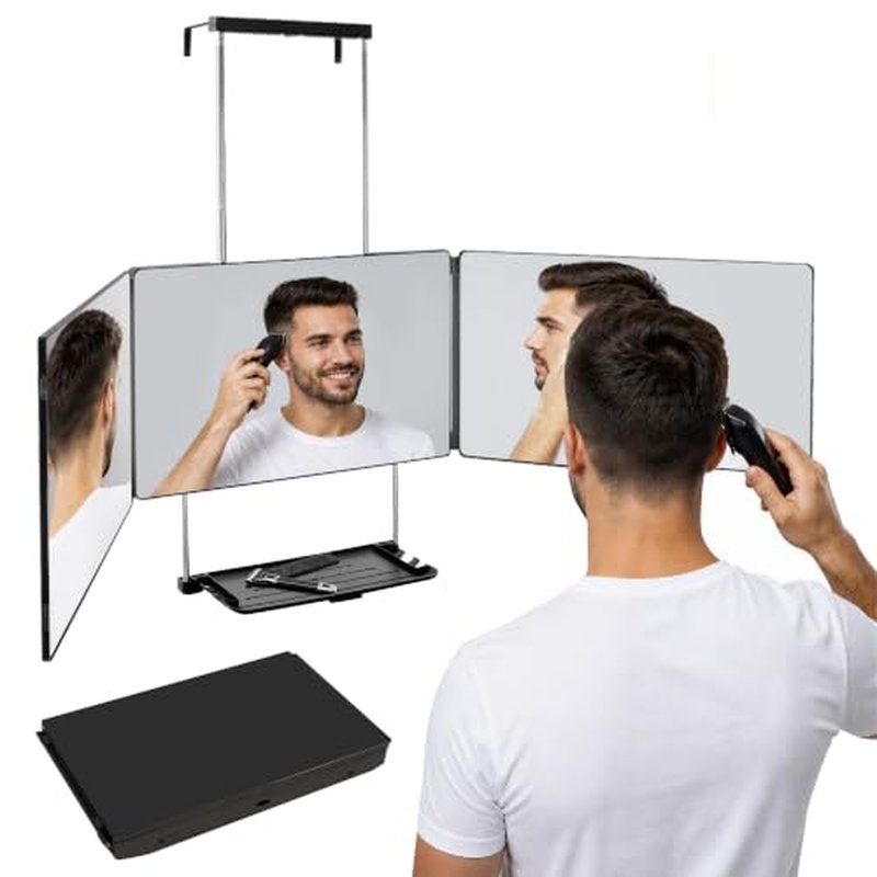 3-Way Folding Mirror with Shelf for Haircuts & Makeup