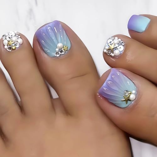 24 Pcs Purple Press on Toenails Short Square - MINGCHUN Summer Ombre Fake Toe Nails Art Tips With Starfish Pearl 3D Rhinestones Full Cover False Nails Glue on Nails for Women Manicure Decorations