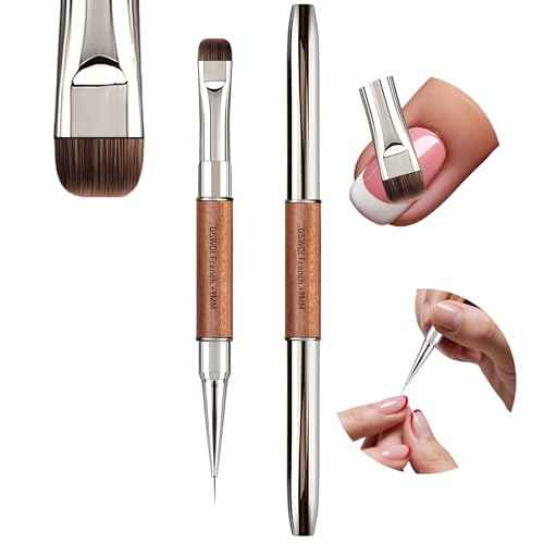Dual Head Acrylic Nail Brush-French Tip & 9mm Liner with Cleaning Brush for Builder Gel,Polygel & Design-Wood Handle & Metal Caps