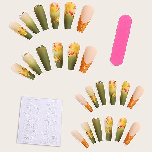 24PCS Fall Press on Nails Long Length Square Fake Nails with Maple Leaf Rhinestones Design Full Cover Artificial Acrylic Nails French Tip False Nails Women DIY Autumn Thanksgiving Manicure