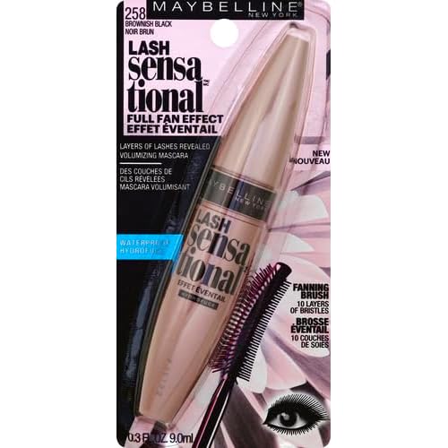 Maybelline Lash Sensational Waterproof Mascara, Lengthening and Volumizing for a Full Fan Effect, Brownish Black, 1 Count