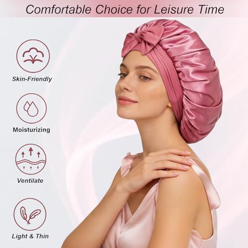 Silk Satin Bonnet for Women with Elastic Tie - Large Sleep Cap for Curly Hair - Bean Paste Variation