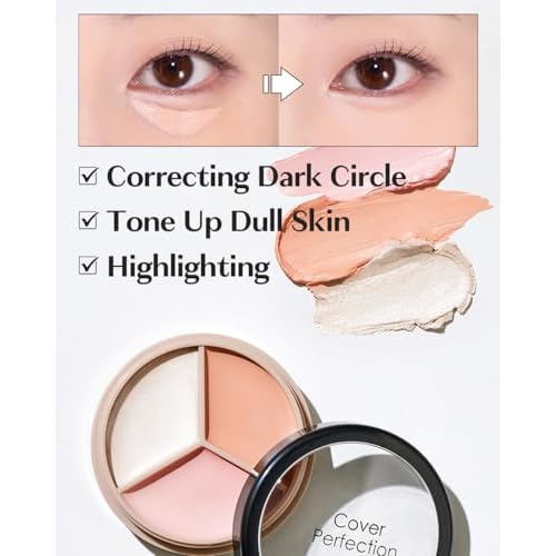 THESAEM Cover Perfection Triple Pot Concealer - 05 Dark Up Beige for Dark Circles & Under-Eye - 3-Color Multi Concealer Palette with Volume & Brightening - Korean Makeup with Sweet Almond Oil