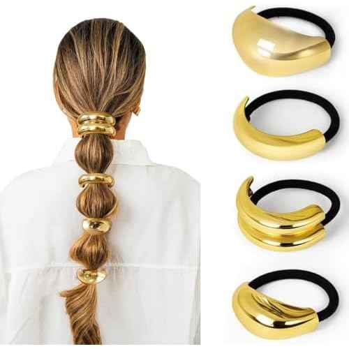 4 PCS Gold Hair Ties for Thick Thin Hair, Hair Accessories for Women Girls, Hair Cuffs Ponytail Holders