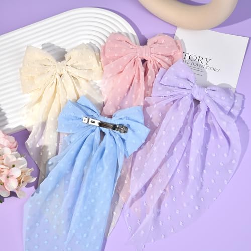 Large Hair Bows for Women,CEELGON 4 PCS Big Bow Clips for Girls French Barrette Bowknot with Long Tail for Women(Beige, Light Pink,Light Purple,Blue)