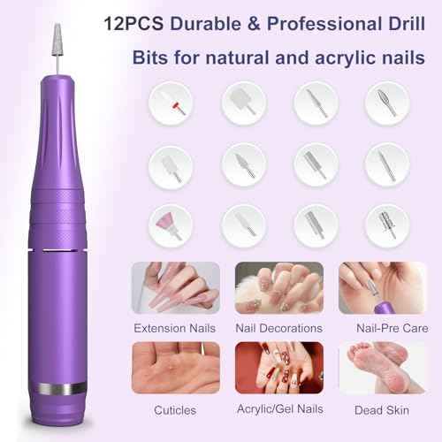 Professional Nail Drill Cordless 45000 RPM, Meremit Electric Nail File with Diamond Decoration, 12Pcs Drill Bits, Large LCD Screen, Rechargeable Electric Nail Machine Drill for Acrylic Gel Nail Polish