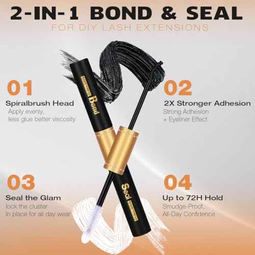 Kiromiro Lash Bond and Seal Black lash Glue for DIY Cluster Eyelash Extensions, Strong Hold, Smuge-proof, Long Lasting Cluster Lashes Adhesive Latex-Free
