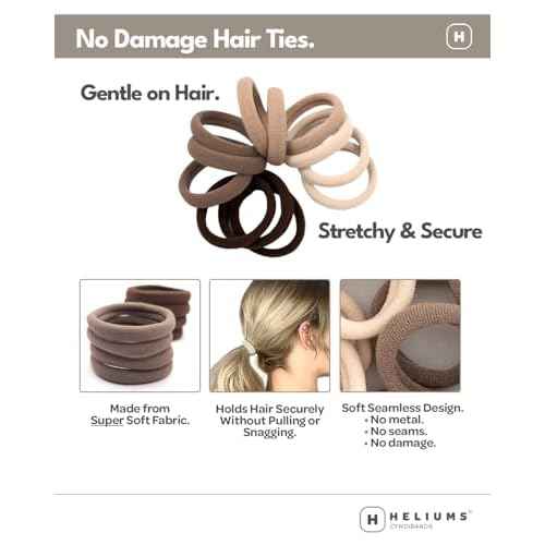 Heliums Soft Hair Ties - No Damage Seamless Nylon Fabric Bands, Stretchy Ponytail Holders for Thin & Thick Hair - Standard 1.5 Inch, Neutrals, 20 Pack